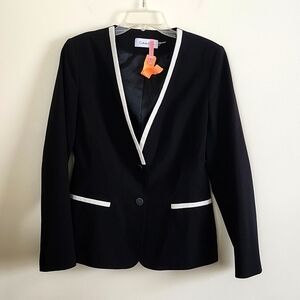 Calvin Klein black and white two button, career blazer, collarless, stretch.